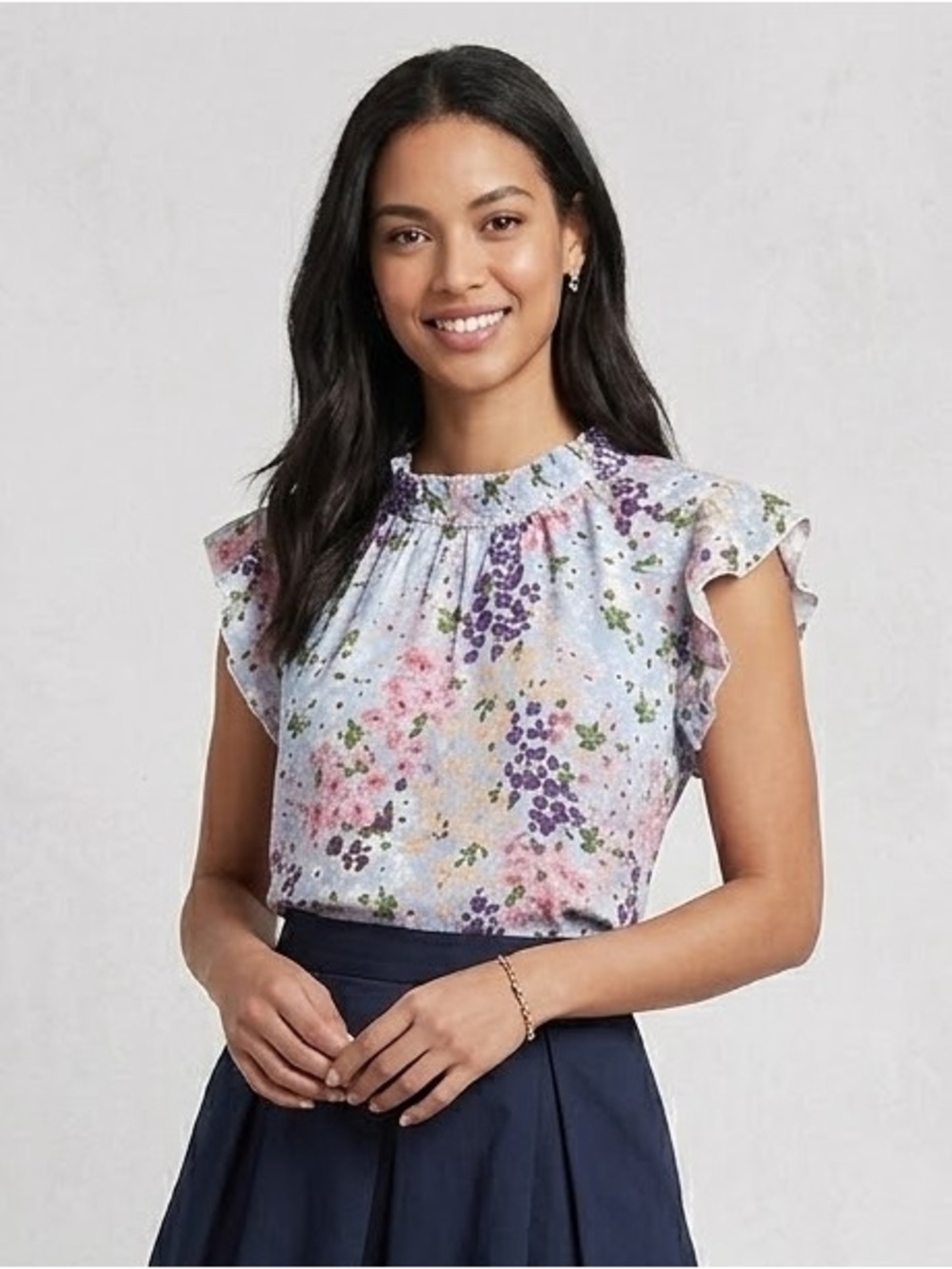 Lovely Melody Light Blue & Pink Floral Ruffle Sleeve Shirt, Women’s Size Large